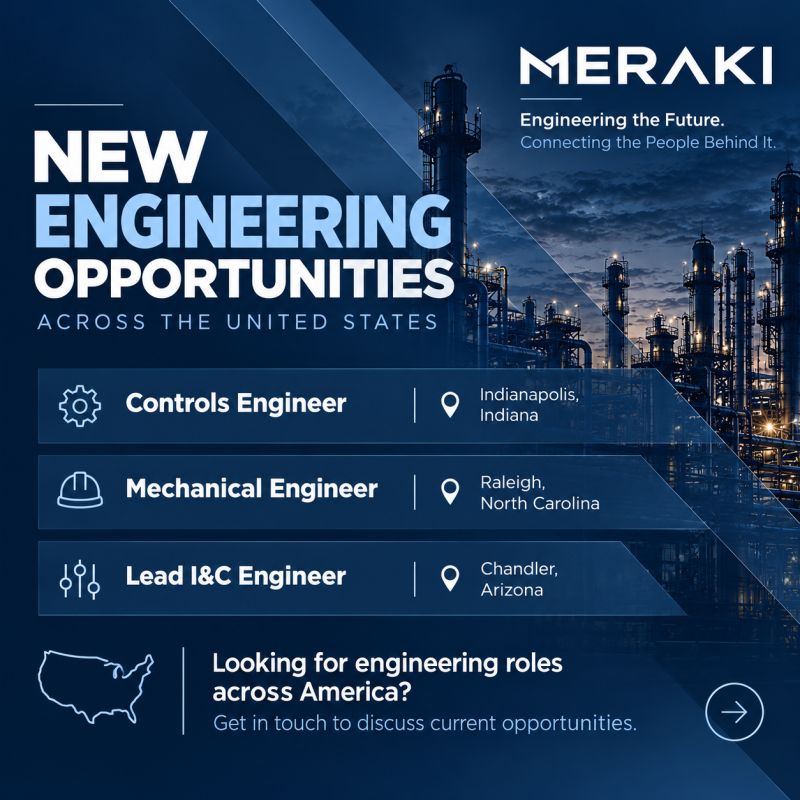 Meraki engineering opportunities graphic listing three US engineering roles and locations.