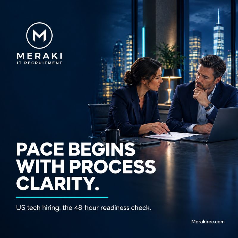 Meraki creative with two colleagues discussing hiring and the headline Pace begins with process clarity.
